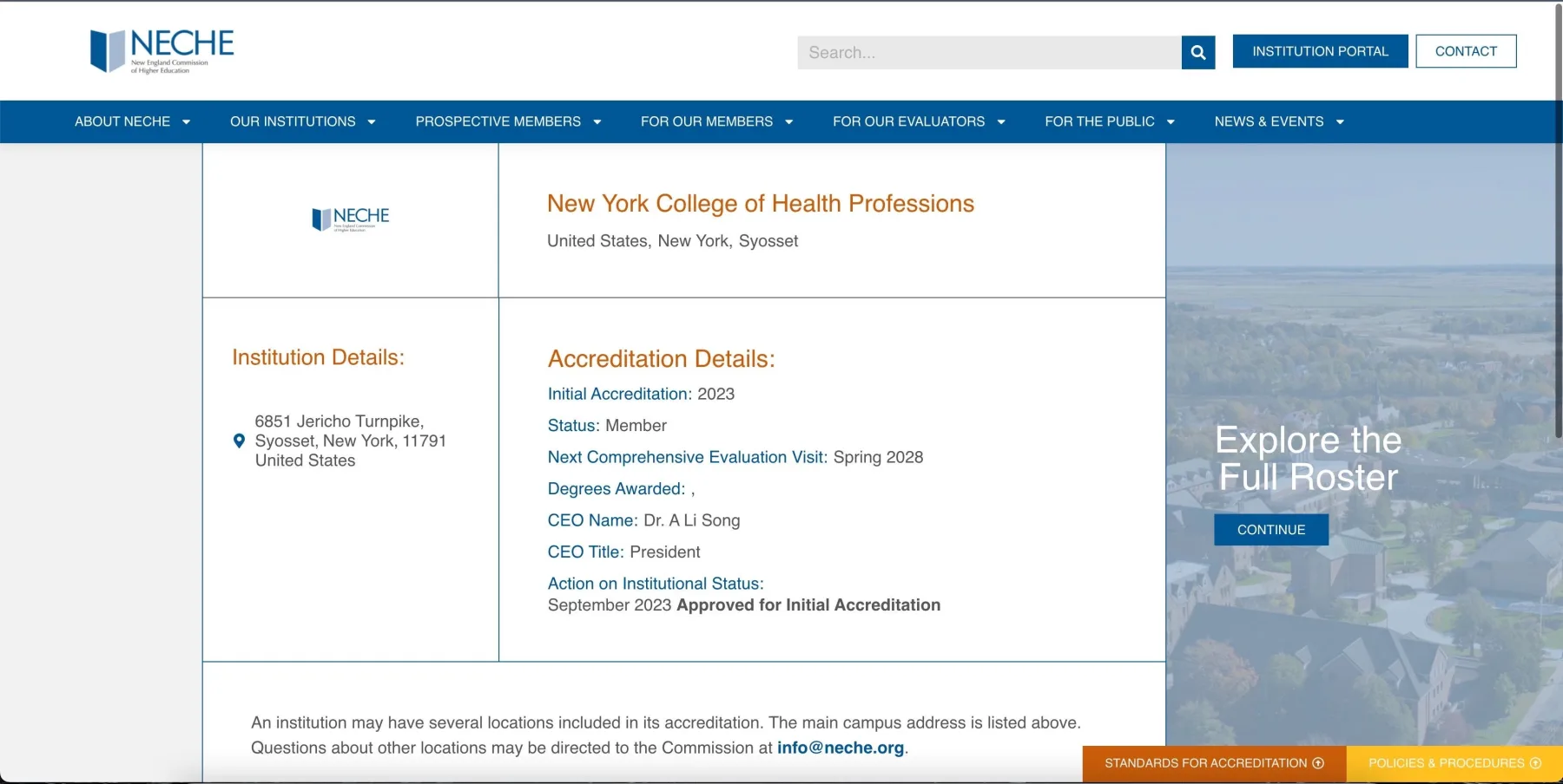 NECHE institution record for New York College of Health Professions